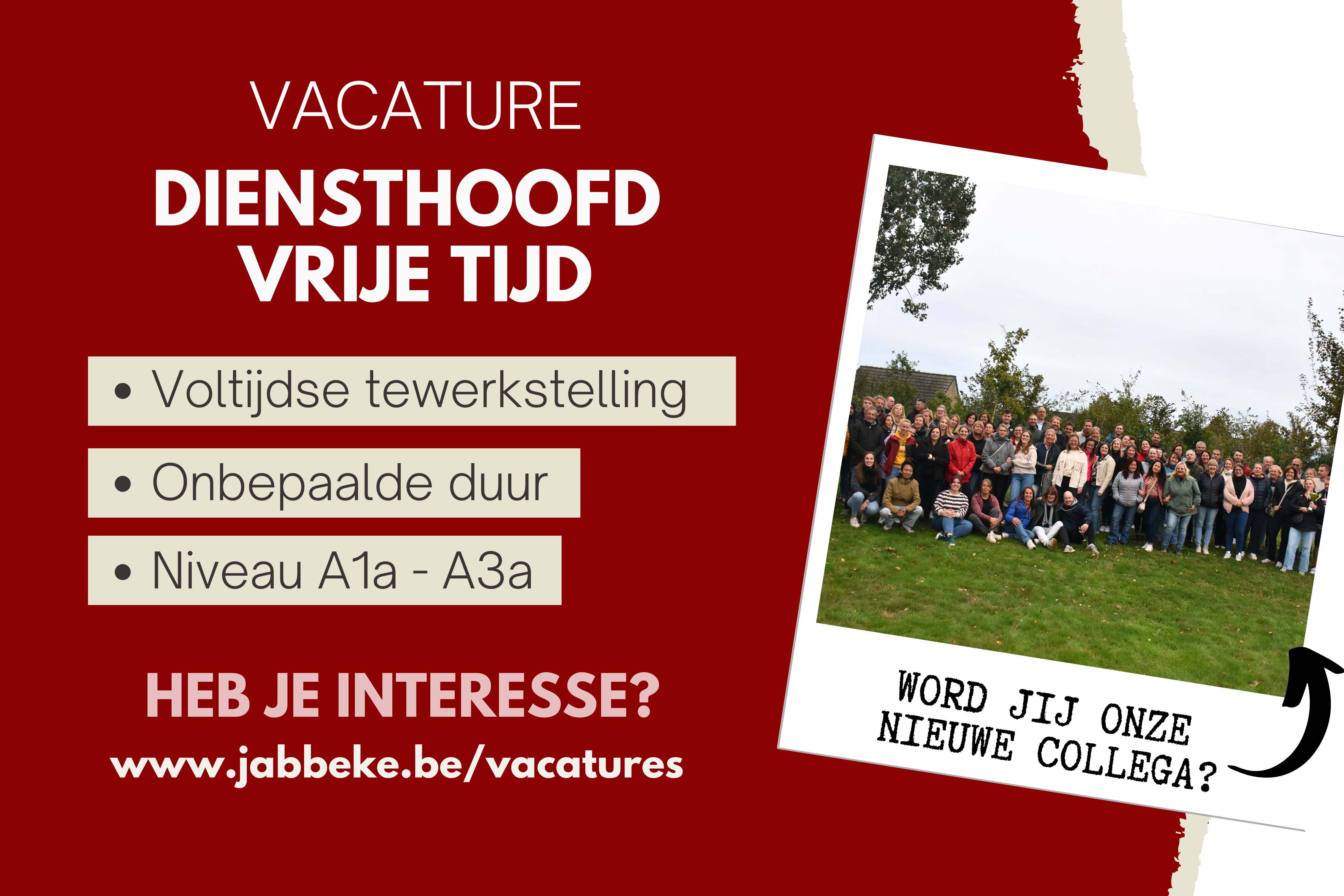 VACATURE - DIENSTHOOFD VRIJE TIJD (A1A - A3A)