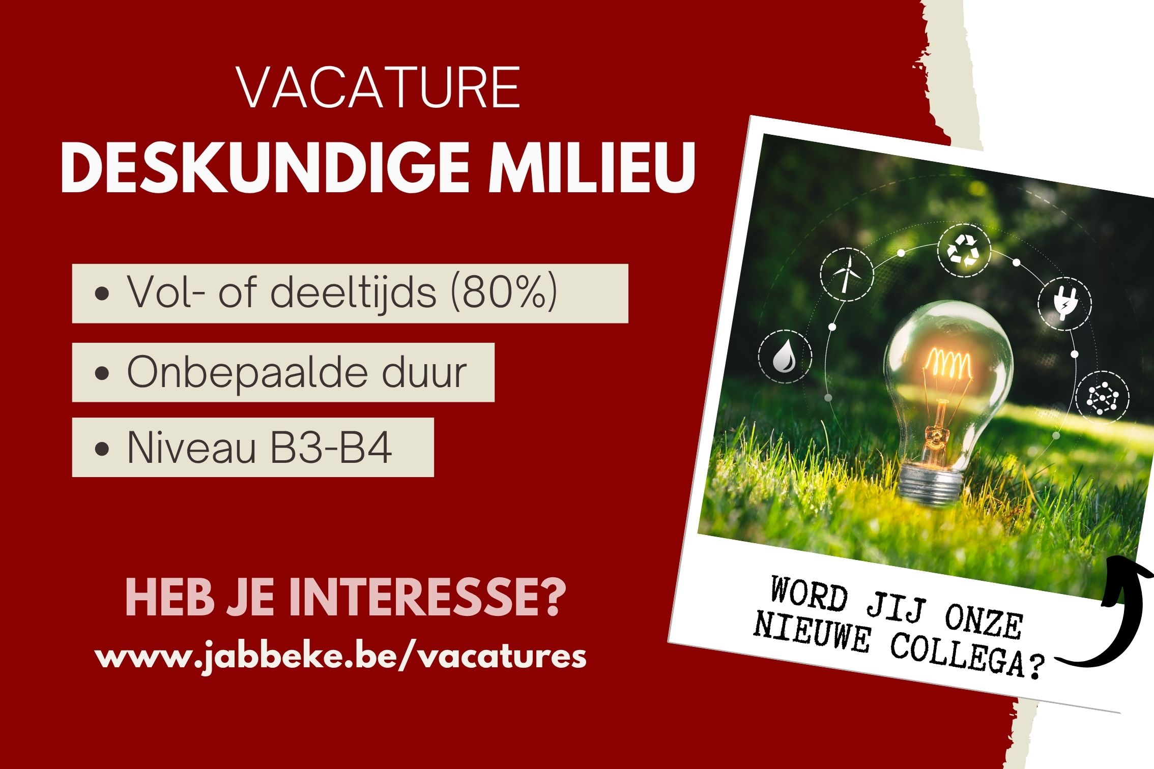 VACATURE - GESPECIALISEERD DESKUNDIGE MILIEU (B3-B4)