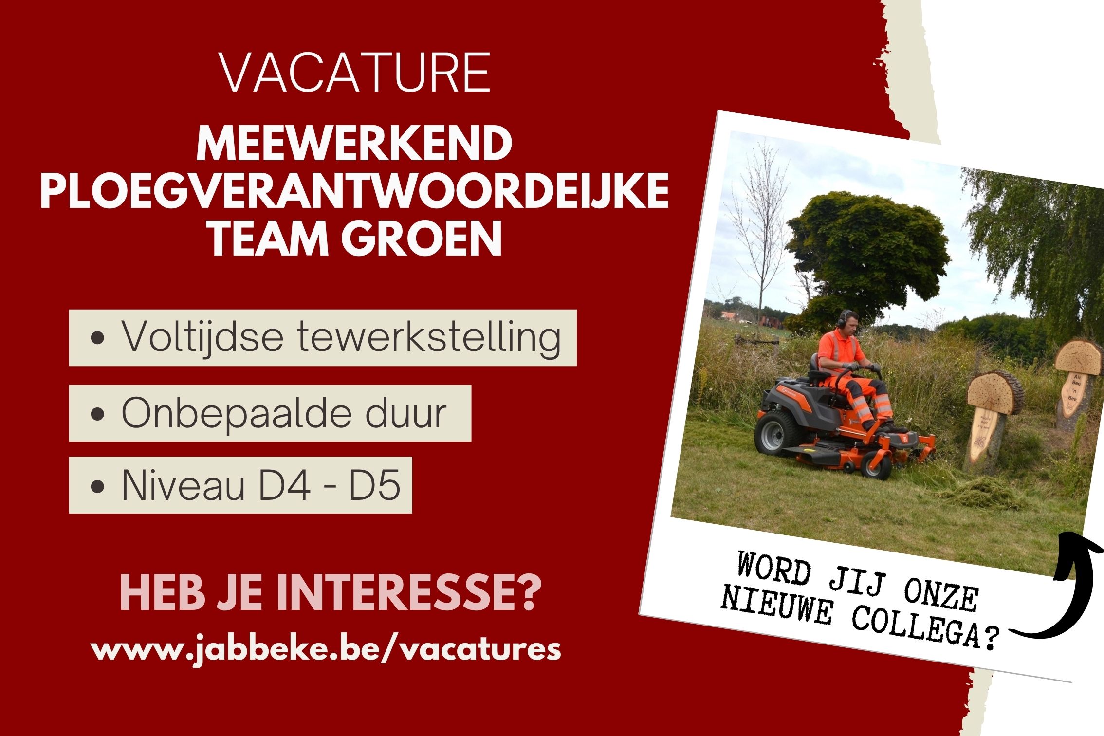 VACATURE MEEWERKEND PLOEGVERANTWOORDELIJKE TEAM GROEN